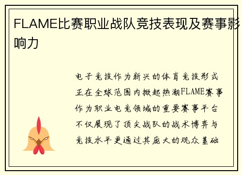 FLAME比赛职业战队竞技表现及赛事影响力